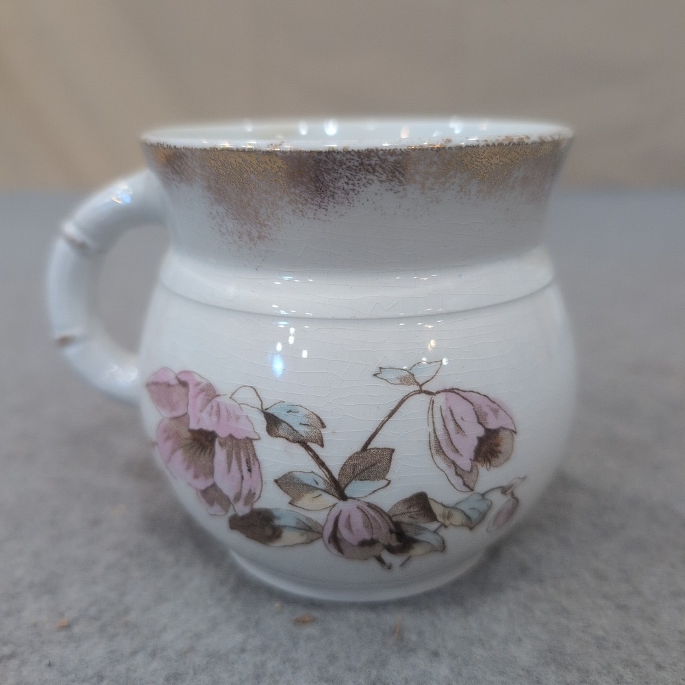 Antique Tacoma M/T Ironstone Shaving Scuttle Mug Pink Floral Gold Trim - Picture 2 of 5